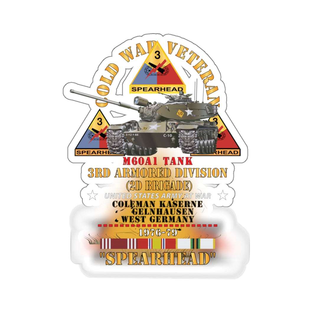 Kiss-Cut Stickers  - Army - Cold War Vet -  3rd Armored Division  - Gelnhausen, Germany - M60A1 Tank  - Spearhead w Fire - 1976-79 w DUI - COLD X 300