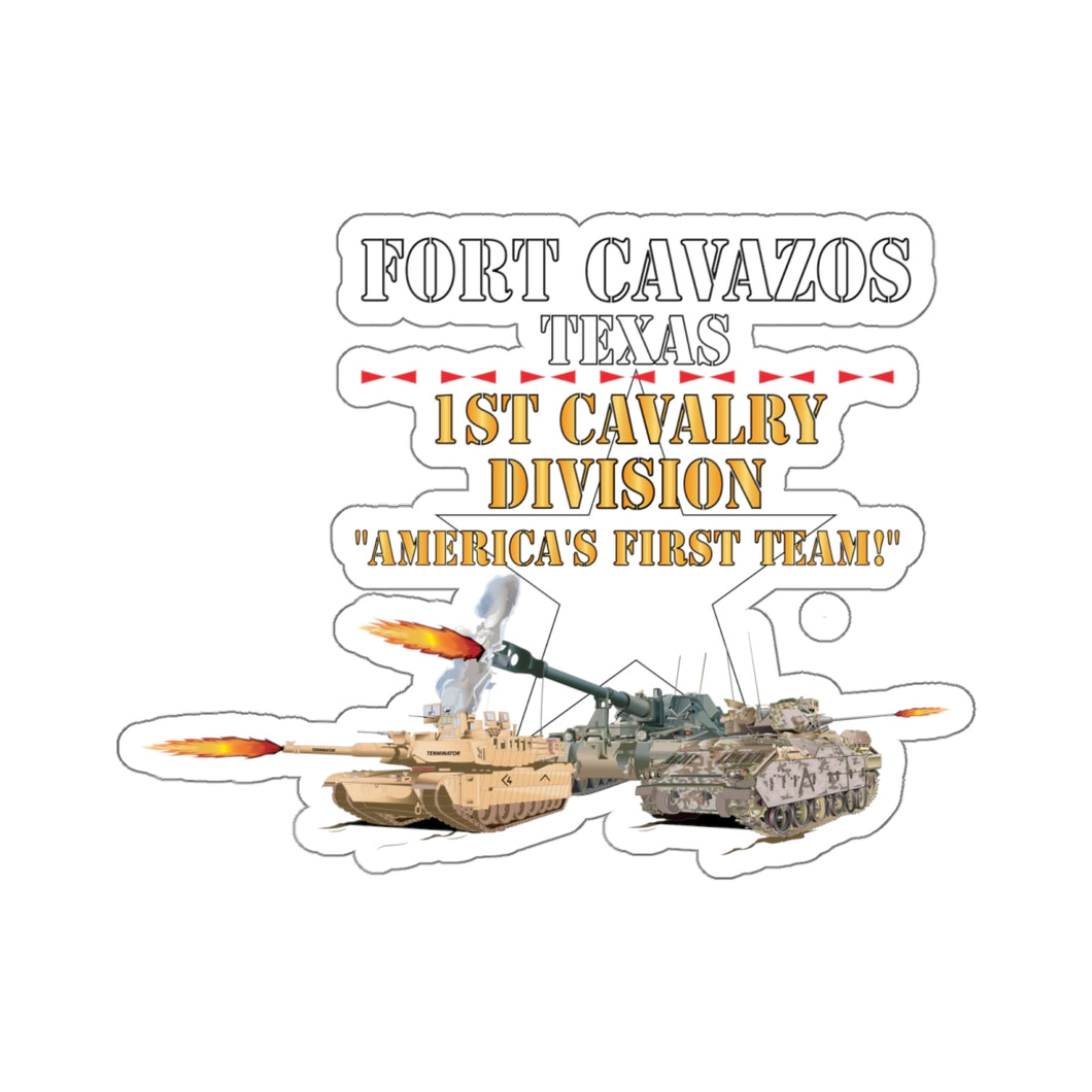 Kiss-Cut Stickers - Army - Fort Cavazos Texas with White Star 1st Cav w M1Abrams, Bradley, M109 Firing X 300