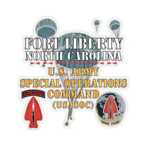 Kiss-Cut Stickers - Fort Liberty North Carolina - US Army Special Operations Command (Usasoc) - SSI - DUI w 3 Parachutes X 300