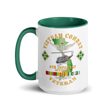 Load image into Gallery viewer, White Ceramic Mug with Color Inside - Army - Vietnam Combat Veteran w Aviator Badge - Plei D’jerang, RVN- 4th ID SSI V1 X 300
