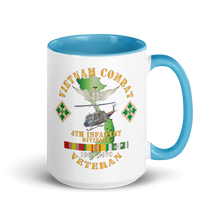 Load image into Gallery viewer, White Ceramic Mug with Color Inside - Army - Vietnam Combat Veteran w Aviator Badge - Plei D’jerang, RVN- 4th ID SSI V1 X 300

