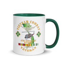 Load image into Gallery viewer, White Ceramic Mug with Color Inside - Army - Vietnam Combat Veteran w Aviator Badge - Plei D’jerang, RVN- 4th ID SSI V1 X 300
