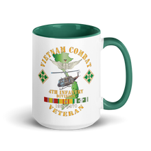 Load image into Gallery viewer, White Ceramic Mug with Color Inside - Army - Vietnam Combat Veteran w Aviator Badge - Plei D’jerang, RVN- 4th ID SSI V1 X 300
