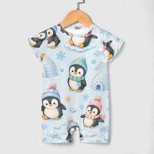 Load image into Gallery viewer, 180gsm Faux Cotton Short Sleeve Baby Bodysuit Romper(All-Over Printing) - Penguin Winter Wonderland
