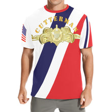 Load image into Gallery viewer, Men's All Over Print Crew Neck T-Shirt - Tribute Tee - USCG - Cutterman Badge - Officer - Gold w Top Txt
