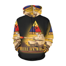 Load image into Gallery viewer, Men&#39;s All Over Print Hoodie (USA Size) (Model H13) - 2nd Armored Division - M1A1 Tank - Hell on Wheels w Fire
