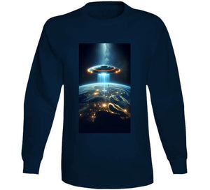 Alien Spaceship Flying Above The Earth Long Sleeve T Shirt