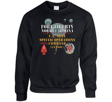 Load image into Gallery viewer, Army - Fort Liberty North Carolina - Us Army Special Operations Command (usasoc) - Ssi - Dui W 3 Parachutes X 300 T Shirt
