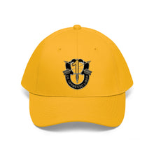 Load image into Gallery viewer, Unisex Twill Hat - 1st Special Forces Group (SFG) (Airborne) Crest YELLOW  &quot;1&quot; - Direct to Garment (DTG) - Printed
