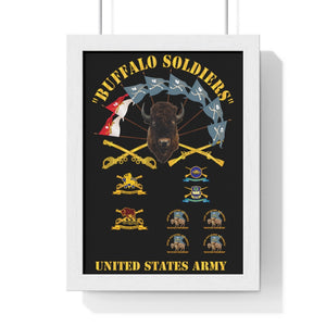 Premium Framed Vertical Poster - Buffalo Soldiers - Infantry - Cavalry Guidons with Buffalo Head  and Unit Crests - US Army