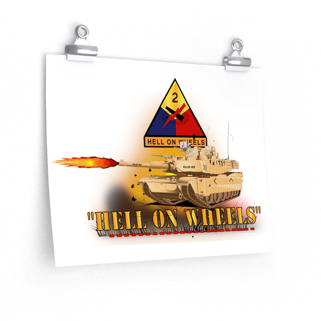 Premium Matte horizontal posters - Army - 2nd Armored Division  - M1A1 Tank  - Hell on Wheels w Fire X 300