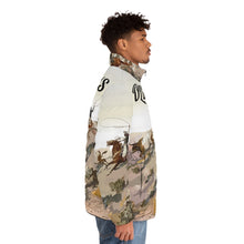 Load image into Gallery viewer, Men&#39;s Puffer Jacket (AOP) - Old West Cowboys Wrangling the Herd w Text
