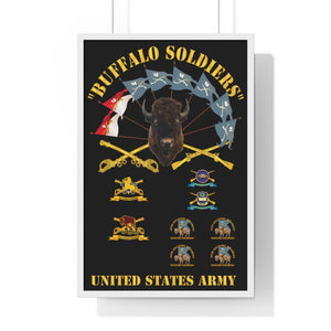 Premium Framed Vertical Poster - Buffalo Soldiers - Infantry - Cavalry Guidons with Buffalo Head  and Unit Crests - US Army