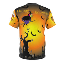 Load image into Gallery viewer, Unisex AOP Cut &amp; Sew Tee - Happy Halloween - Flying Witch with Pumpkins and multiple Scenes - Trick or Treet
