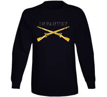 Load image into Gallery viewer, Army - Infantry Br - Crossed Rifles W  Blk Txt White Outline Long Sleeve
