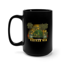 Load image into Gallery viewer, Black Mug 15oz - Vietnam Era Helmet Cover - Band - Front - War is Hell w Jungle - Fire w Txt X 300
