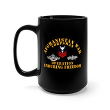 Load image into Gallery viewer, Black Mug 15oz - Navy - Afghanistan War Corpsman - Operation Enduring Freedom - Veteran w FMF - Combat Seebee Badge
