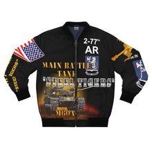 Load image into Gallery viewer, Men&#39;s AOP Bomber Jacket - TF 277AR - 2nd Battalion, 77th Armor, Steel Tigers with M60 Main Battle Tank
