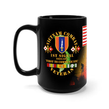 Load image into Gallery viewer, Black Mug 15oz - Army - Vietnam Veteran - 1st Signal Brigade - Combat Communicator &quot;First to Communicate&quot; with Vietnam Service Ribbons
