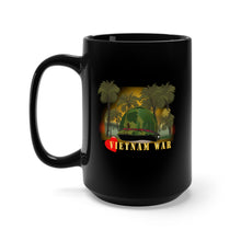 Load image into Gallery viewer, Black Mug 15oz - Vietnam Era Helmet Cover - Me Love You Long Time GI w Jungle - Fire w Txt X 300
