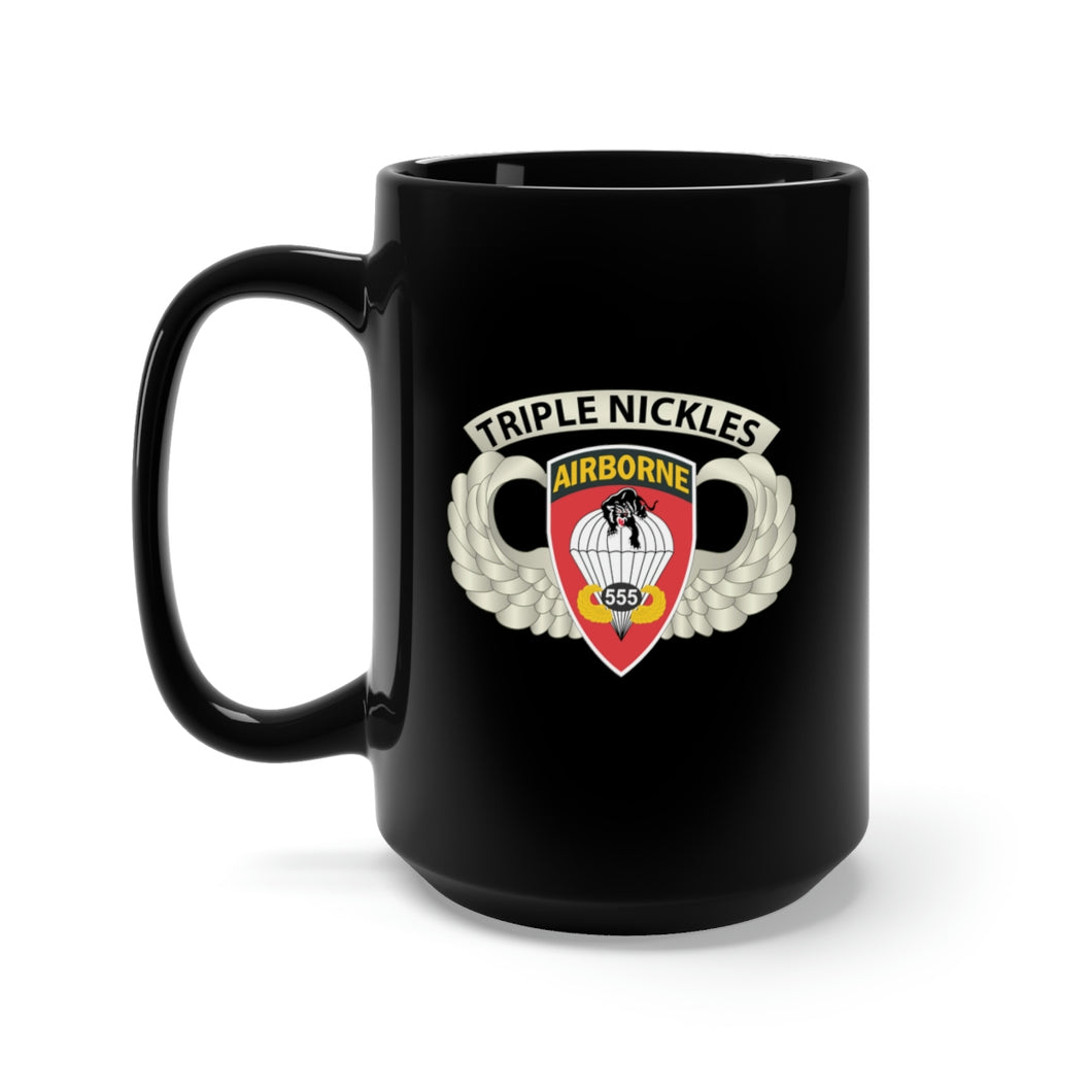 Black Mug 15oz - Army - Airborne Badge - 555th Parachute Infantry Bn - SSI w Triple NicklesTab X 300