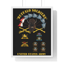 Load image into Gallery viewer, Premium Framed Vertical Poster - Buffalo Soldiers - Infantry - Cavalry Guidons with Buffalo Head  and Unit Crests - US Army
