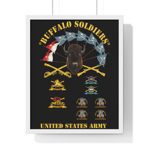 Premium Framed Vertical Poster - Buffalo Soldiers - Infantry - Cavalry Guidons with Buffalo Head  and Unit Crests - US Army