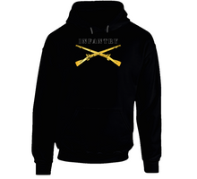 Load image into Gallery viewer, Army - Infantry Br - Crossed Rifles W  Blk Txt White Outline Hoodie
