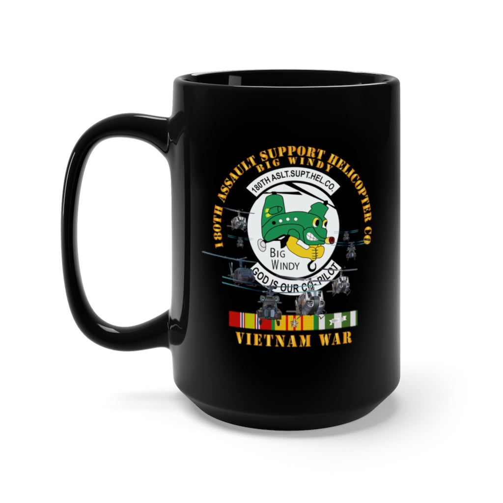 Black Mug 15oz - 180th Assault Support Helicopter Company - Big Windy with Vietnam Service Ribbons