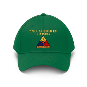 Unisex Twill Hat - 2nd Armored Division - Shoulder Sleeve Insignia (SSI) without Text - "Hell on Wheels"  - Direct to Garment (DTG) Printed