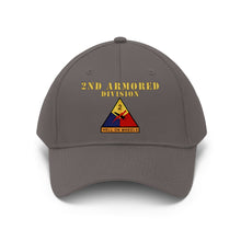 Load image into Gallery viewer, Unisex Twill Hat - 2nd Armored Division - Shoulder Sleeve Insignia (SSI) without Text - &quot;Hell on Wheels&quot;  - Direct to Garment (DTG) Printed
