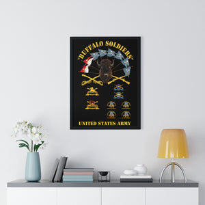 Premium Framed Vertical Poster - Buffalo Soldiers - Infantry - Cavalry Guidons with Buffalo Head  and Unit Crests - US Army