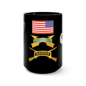 Black Mug 15oz - Army - Special Forces - Airborne Ranger with Branches/Tabs