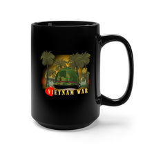 Load image into Gallery viewer, Black Mug 15oz - Vietnam Era Helmet Cover - Me Love You Long Time GI w Jungle - Fire w Txt X 300
