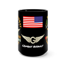 Load image into Gallery viewer, Black Mug 15oz - Army - Combat Veteran - Vietnam Door Gunner - Air Assault with Aviation Branch and Vietnam Service Ribbons
