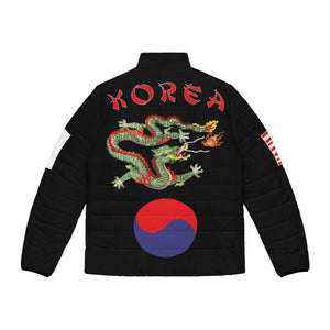 Men's Puffer Jacket (AOP) - Black Shirt with Korea Dragon and Flags