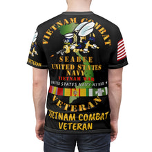 Load image into Gallery viewer, Unisex AOP Cut &amp; Sew Tee - US Navy Seabee - Vietnam Veteran with Bee and Vietnam Service Ribbons
