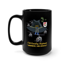 Load image into Gallery viewer, Black Mug 15oz - Army - 17th Cavalry Hat - Abn - Air Assault w Br w Flash w Slicks
