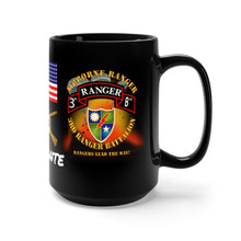 Load image into Gallery viewer, Black Mug 15oz - SOF - 3rd Ranger Battalion - Airborne Ranger with 3 Ranger Jumpers and Unit Crest
