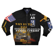 Load image into Gallery viewer, Men&#39;s AOP Bomber Jacket - TF 1/77AR - 1st Battalion, 77th Armor, &quot;Steel Tigers&quot; with M60 Main Battle Tank
