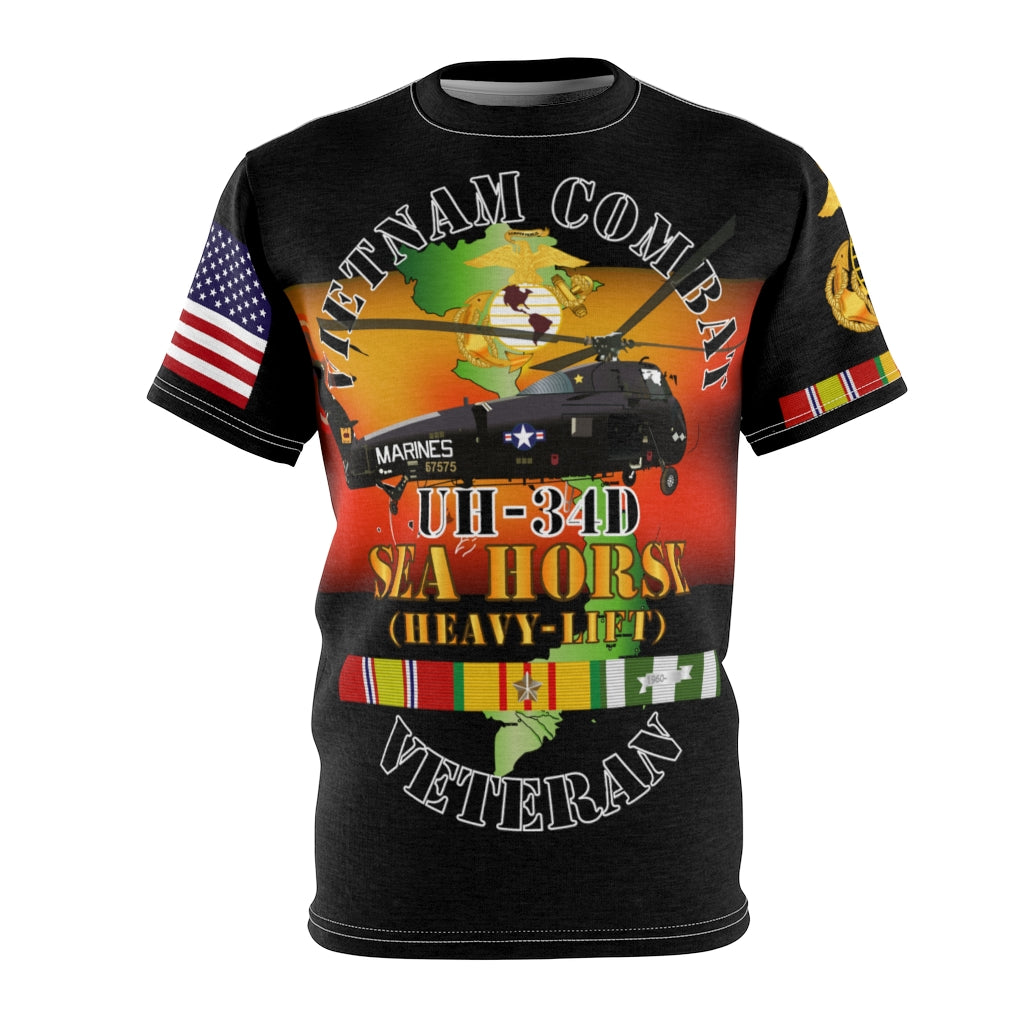 Unisex AOP Tee - USMC - Vietnam Combat Veteran - UH-34D Sea Horse with Vietnam Service Ribbon