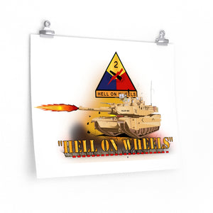 Premium Matte horizontal posters - Army - 2nd Armored Division  - M1A1 Tank  - Hell on Wheels w Fire X 300