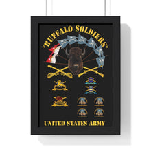 Load image into Gallery viewer, Premium Framed Vertical Poster - Buffalo Soldiers - Infantry - Cavalry Guidons with Buffalo Head  and Unit Crests - US Army
