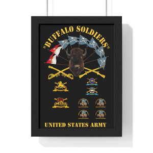 Premium Framed Vertical Poster - Buffalo Soldiers - Infantry - Cavalry Guidons with Buffalo Head  and Unit Crests - US Army