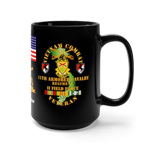 Black Mug 15oz - Army - 11th Armored Cavalry Regiment with M551 Sheridan, Patch and Unit Crest and Vietnam Service Ribbons