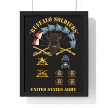 Load image into Gallery viewer, Premium Framed Vertical Poster - Buffalo Soldiers - Infantry - Cavalry Guidons with Buffalo Head  and Unit Crests - US Army
