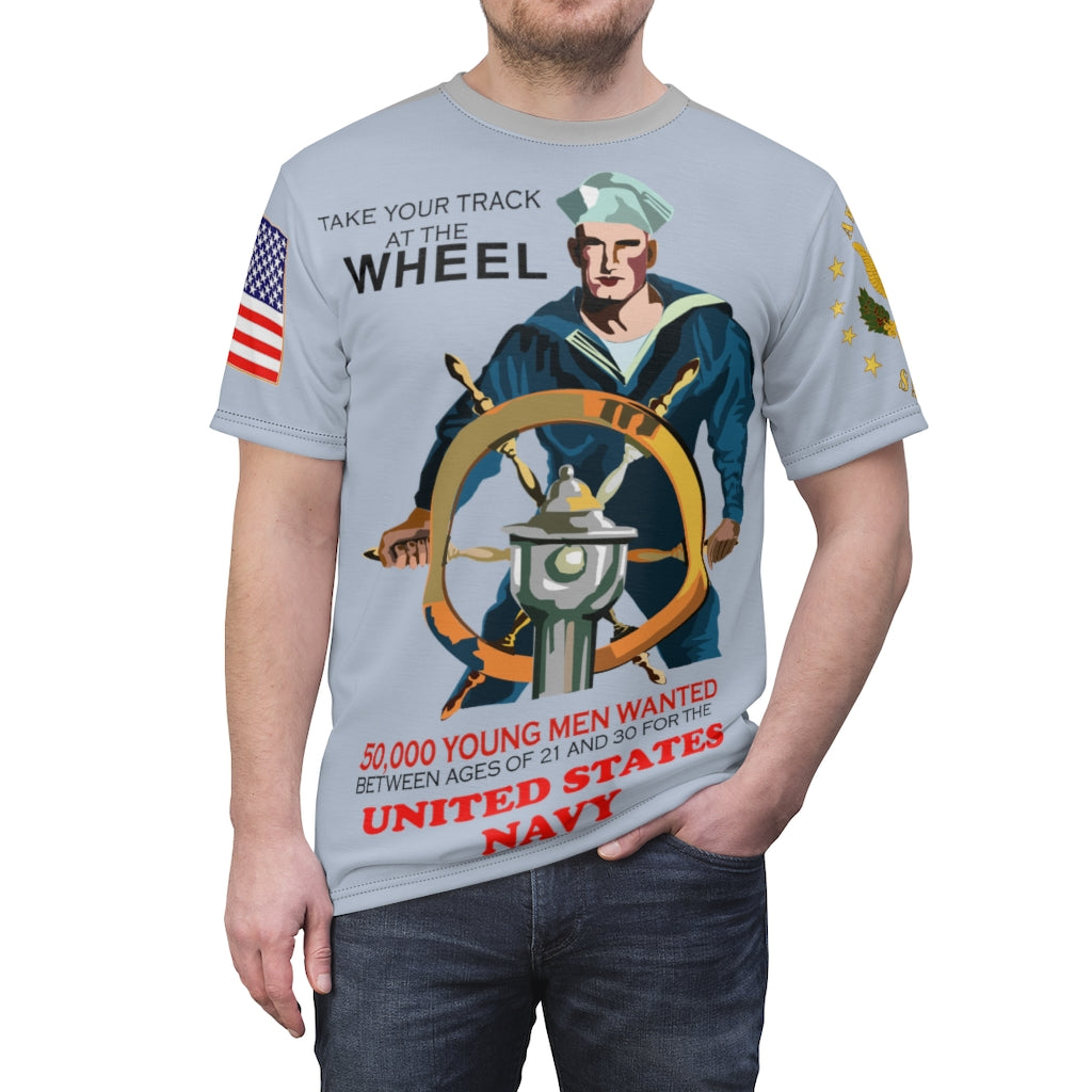 All Over Printing - Navy - Take Your Track at the Wheel - 50, 000 Men Wanted - Usn - American Sailor