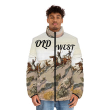 Load image into Gallery viewer, Men&#39;s Puffer Jacket (AOP) - Old West Cowboys Wrangling the Herd w Text
