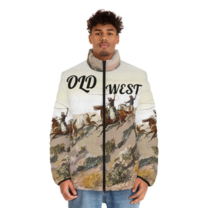 Men's Puffer Jacket (AOP) - Old West Cowboys Wrangling the Herd w Text