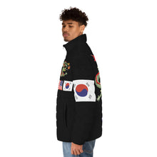 Load image into Gallery viewer, Men&#39;s Puffer Jacket (AOP) - Black Shirt with Korea Dragon and Flags
